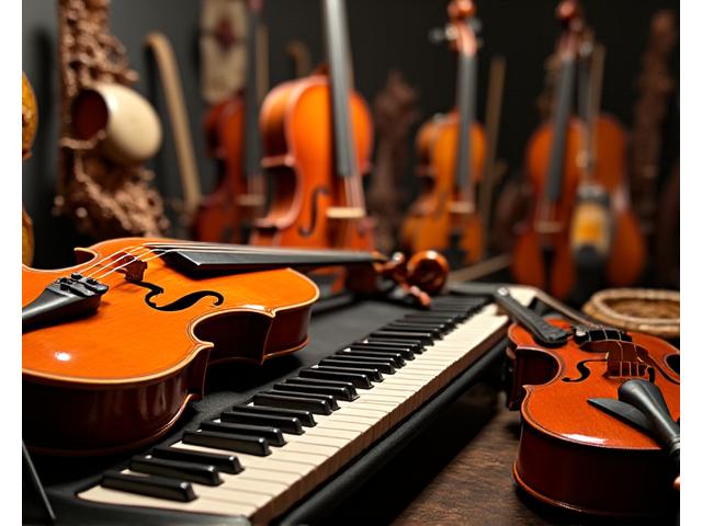 Farklı müzik aletlerinden oluşan bir koleksiyon: gitar, keman, piyano klavyesi