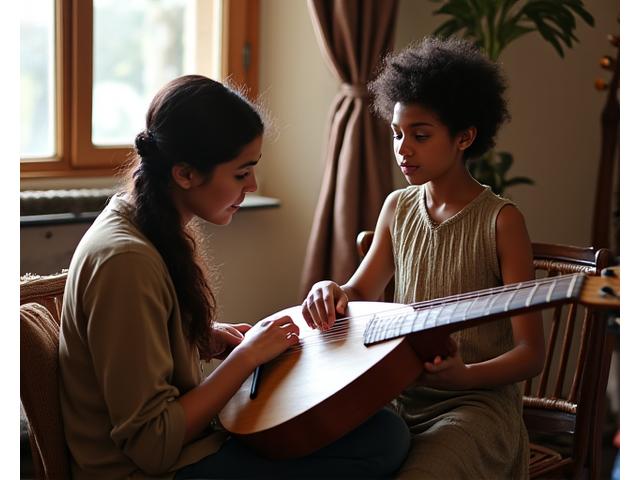 Öğretmen ve öğrenci müzik dersinde, ud çalmayı öğreniyorlar